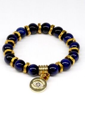Lapis Tiger Eye Gold Evil Eye Charm Bracelet - New in Box